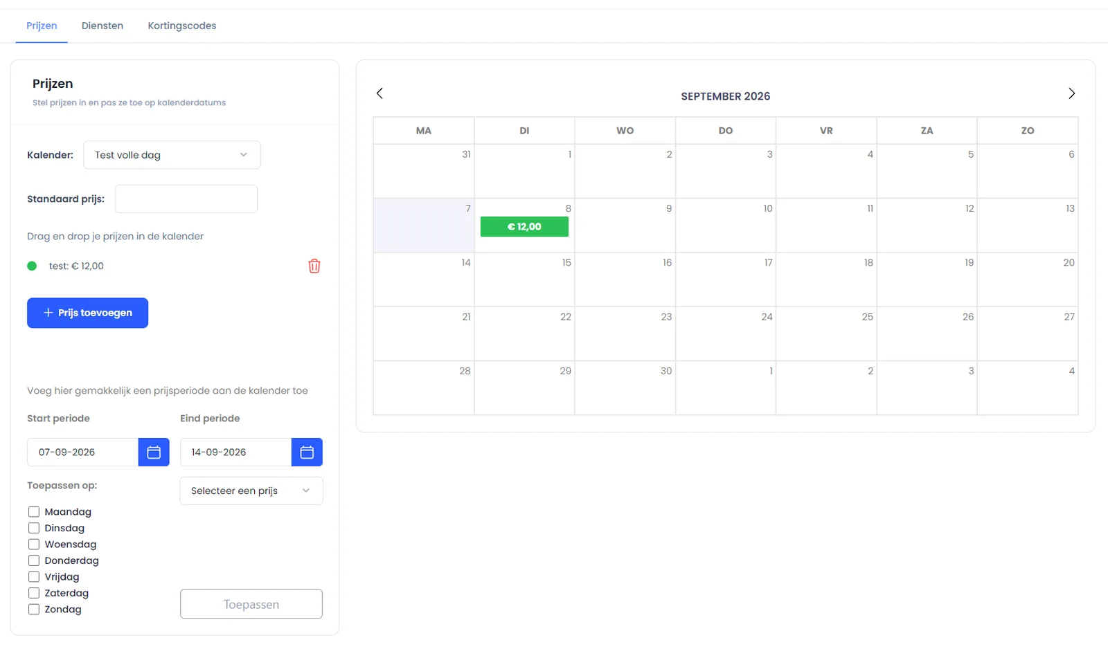 De pagina Prijzen en diensten met de kalender